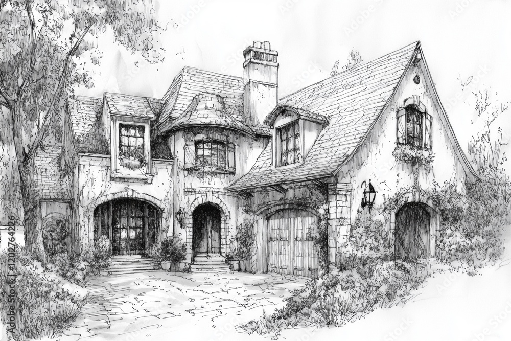 Obraz premium A detailed sketch of a charming Country French house style with a sloped roof, stone facade, and lush greenery surrounding it. The design features arched windows and a cozy entrance.