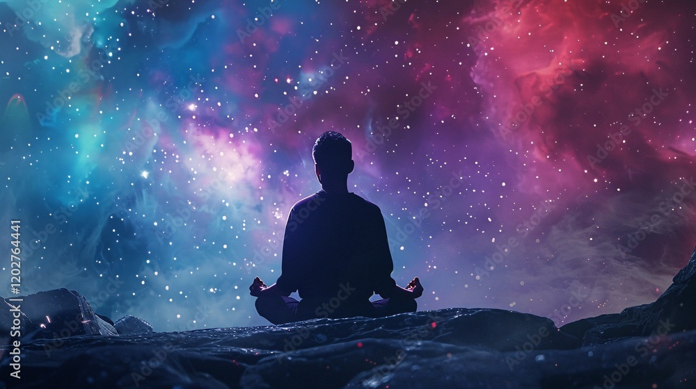 Bohemian-style meditation with spiritual balance and energy fields in a cosmic backdrop Bohemian-style meditation with spiritual balance and energy fields in a cosmic backdrop