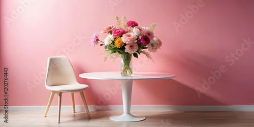 Wallpaper Mural A vibrant bouquet of assorted flowers in a glass vase sits on a small white table next to a light beige chair against a pale pink wall Torontodigital.ca