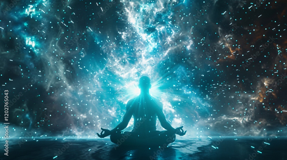 Light and balanced energy fields around a meditating figure in a cosmic backdrop Light and balanced energy fields around a meditating figure in a cosmic backdrop