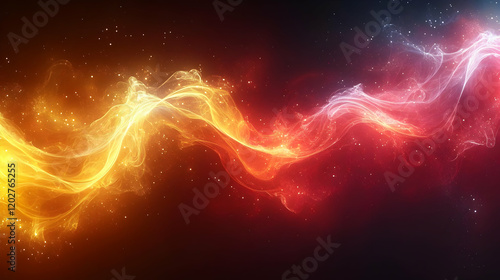 Abstract fiery and icy energy flow, dynamic abstract background with red, orange, blue, and purple glowing particles.  Cosmic, magical, vibrant illust