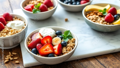 Assorted Healthy Breakfast Ingredients in Bowls