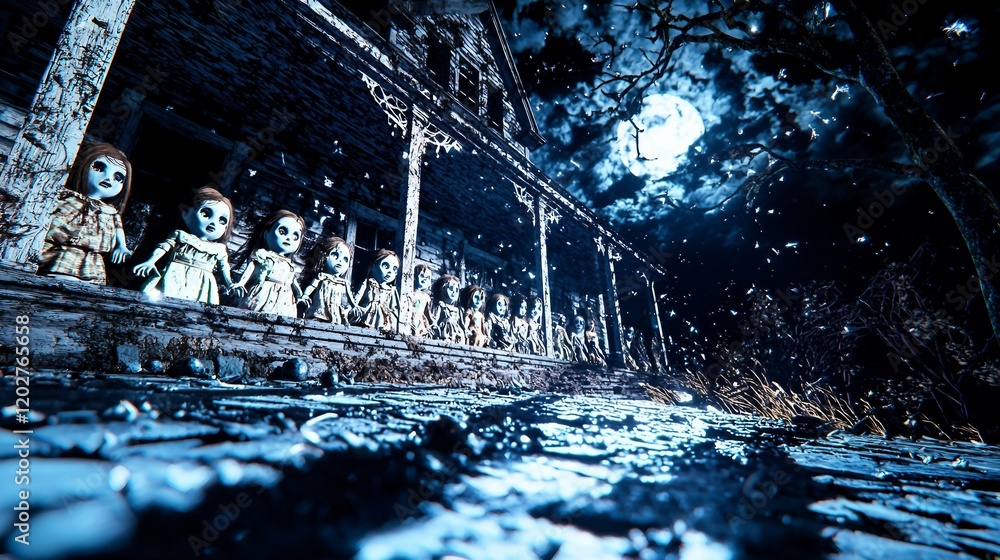Haunted House Dolls in Moonlight with Eerie Atmosphere Haunted House Dolls in Moonlight with Eerie Atmosphere