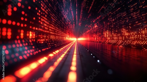 Abstract Digital Tunnel with Red and Orange Glowing Lines and Dots