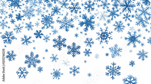 Blue Snowflakes Falling on White Background, winter, christmas, holiday, texture, pattern