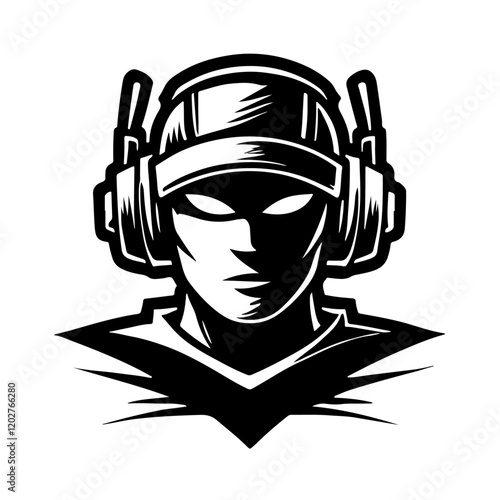 Stylish Black and White Graphic of a Focused Gamer with Headphones
