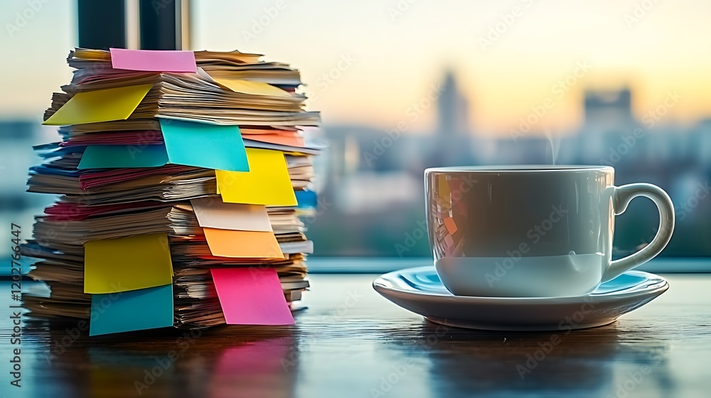 Naklejka premium Organizing work documents with a coffee break office still life cozy close-up