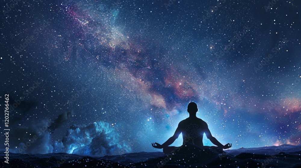 Meditating figure with spiritual symbols and harmonized energies under the Milky Way Meditating figure with spiritual symbols and harmonized energies under the Milky Way