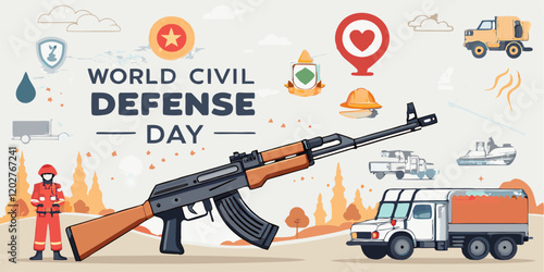 Illustration of a show of strength of weapons and medical equipment for survivors, and various vehicles, as a concept for World Civil Defense Day
