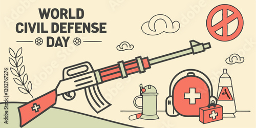 Illustration of a show of strength of weapons and medical equipment for survivors, as a concept for World Civil Defense Day
