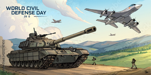 Illustration of a military show of strength featuring tanks and fighter planes, as a concept for World Civil Defense Day