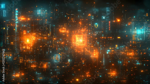 Abstract Futuristic Digital Background with Glowing Particles and Energy Streams