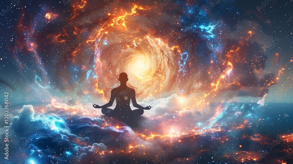 Light and balanced energy fields around a meditating figure in a cosmic backdrop Light and balanced energy fields around a meditating figure in a cosmic backdrop