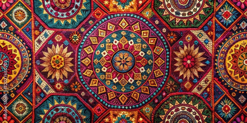 Vibrant Textile with Intricate Mandala and Floral Embroidery Designs Vibrant Textile with Intricate Mandala and Floral Embroidery Designs
