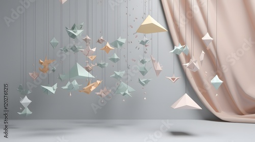 Floating paper origami creations modern studio artistic display minimalist environment aerial perspective photo