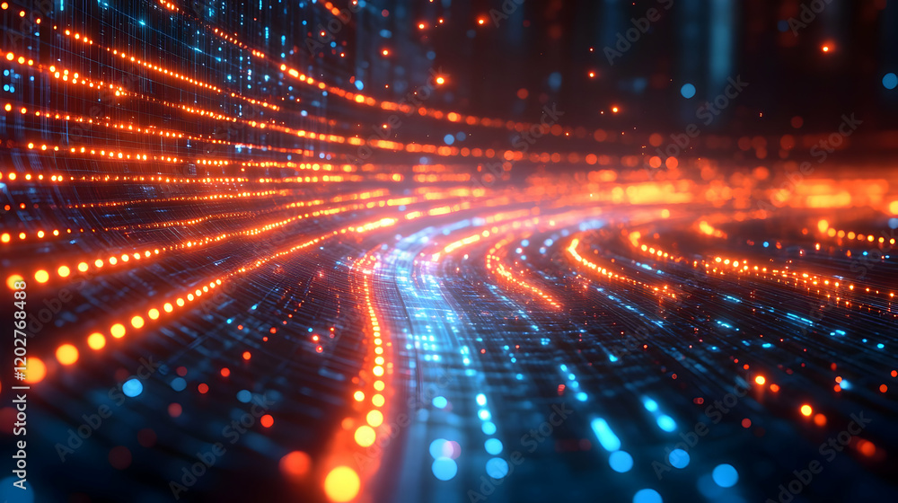 Fototapeta premium Abstract digital data flow with glowing orange and blue particles. Futuristic technology background
