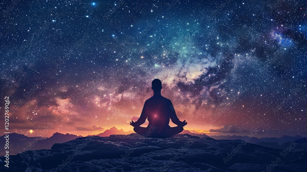 Meditator surrounded by balanced masculine and feminine energies with the Milky Way behind Meditator surrounded by balanced masculine and feminine energies with the Milky Way behind