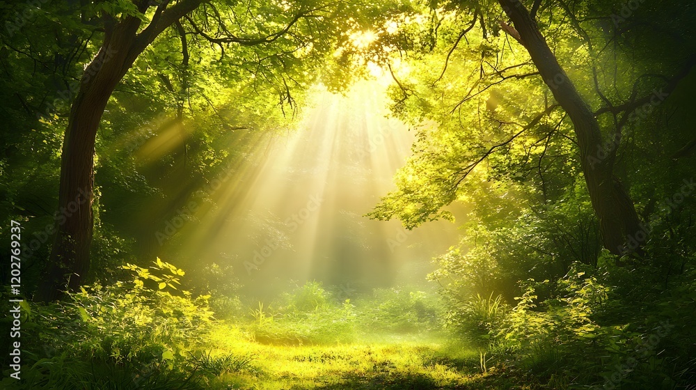 Sunbeams Illuminate Lush Green Forest Path Sunbeams Illuminate Lush Green Forest Path
