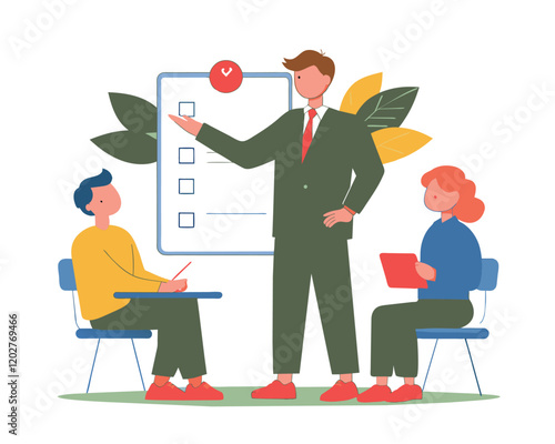 Business meeting flat people on presentation conference ilustration team seminar vector concept.