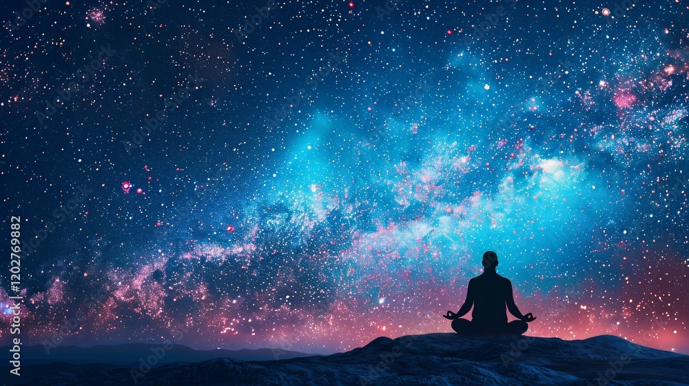 Light and harmonized energy fields around a meditating figure under the Milky Way