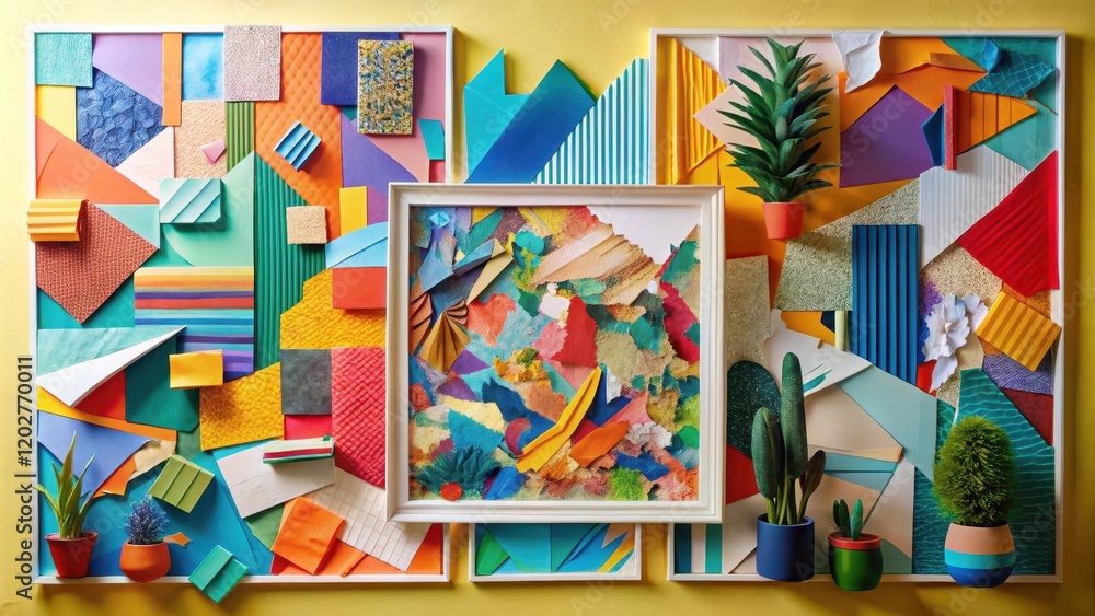 Vibrant Collage of Textured Papers and Miniature Plants in a Modern Art Display Vibrant Collage of Textured Papers and Miniature Plants in a Modern Art Display