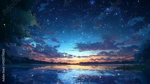 Simple night sky landscape on anime style. Special loop video clip