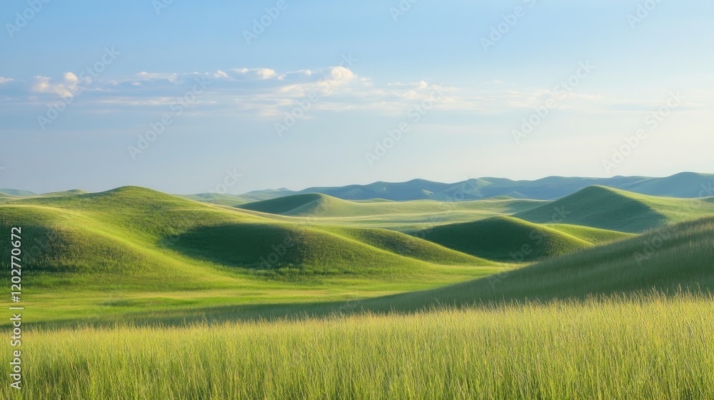 Obraz premium Rolling Green Hills Landscape with Blue Sky and Clouds and beautiful soft light