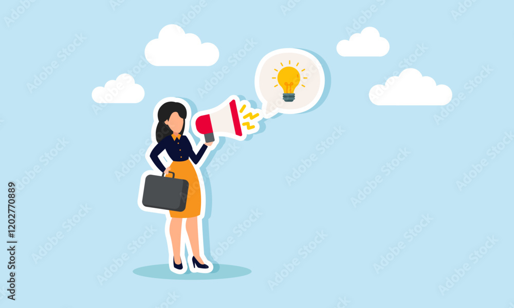 A businesswoman speaking loudly with a megaphone, creating a dialogue labeled with a light bulb, illustration of promotion, education, or awareness about the importance of business innovation A businesswoman speaking loudly with a megaphone, creating a dialogue labeled with a light bulb, illustration of promotion, education, or awareness about the importance of business innovation
