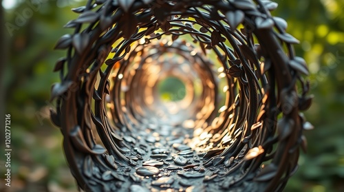 Wallpaper Mural Intricate metal tunnel adorned with leaf-like designs, leading to a soft, sunlit opening. Torontodigital.ca