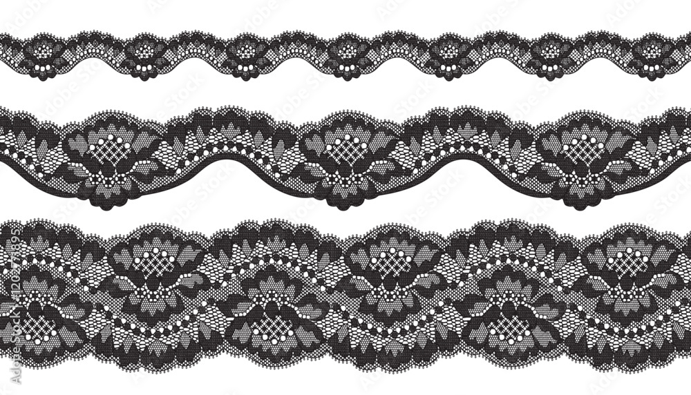 Three Elegant Black Lace Edgings with Floral Patterns