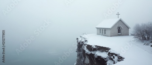 A solitary chapel perches on a snowy cliff, enveloped in mist, evocatively symbolizing isolation and serene majesty. photo