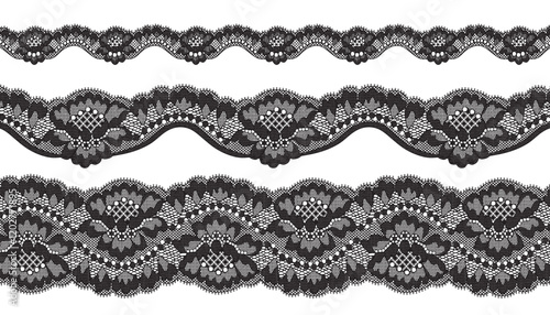 Three Elegant Black Lace Edgings with Floral Patterns