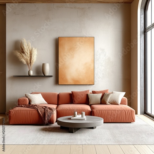 Modern Minimalist Living Room with Terra Cotta Modular Sofa and Art Frame against Stucco Wall and Shelf