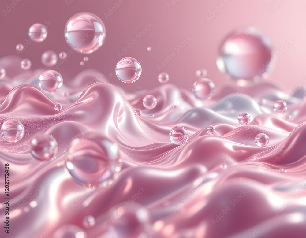 Soft pink 3D waves with floating translucent bubbles in a dreamy aesthetic. Soft pink 3D waves with floating translucent bubbles in a dreamy aesthetic.