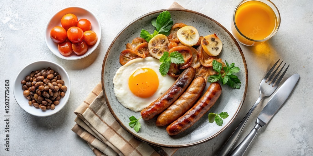 A Delicious and Nutritious Breakfast Plate Featuring Fried Egg, Sausages, Roasted Vegetables, and a Side of Fruit A Delicious and Nutritious Breakfast Plate Featuring Fried Egg, Sausages, Roasted Vegetables, and a Side of Fruit