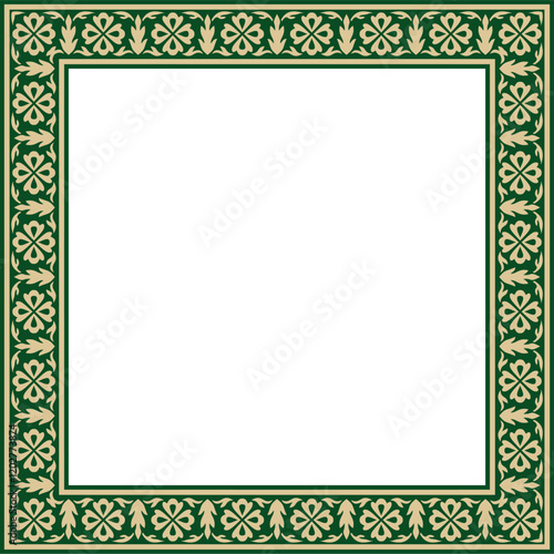 Vector gold with green square Turkish national ornament. Ottoman border, frame. Ethnic floral rectangle, Seljuk Turks pattern. Decoration of the Sultan's palaces