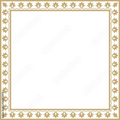 Vector golden square Turkish national ornament. Ottoman border, frame. Ethnic floral rectangle, Seljuk Turks pattern. Decoration of the Sultan's palaces