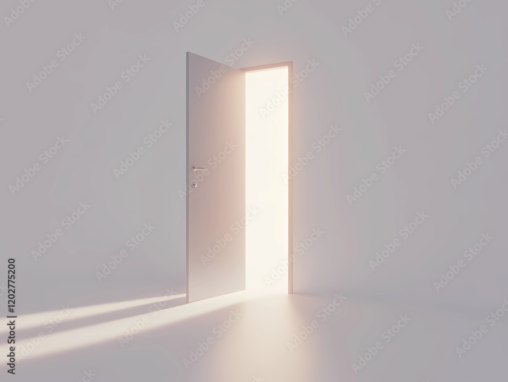 3D render of an open door with light coming through, a minimalistic white background, a soft shadow on the wall 3D render of an open door with light coming through, a minimalistic white background, a soft shadow on the wall