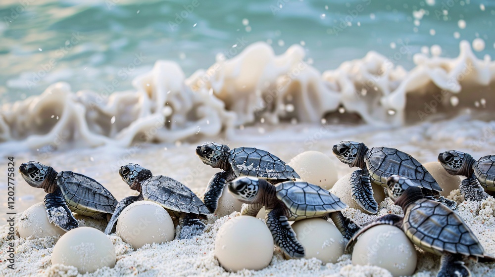Fototapeta premium Group of baby turtles emerging from eggs on the beach