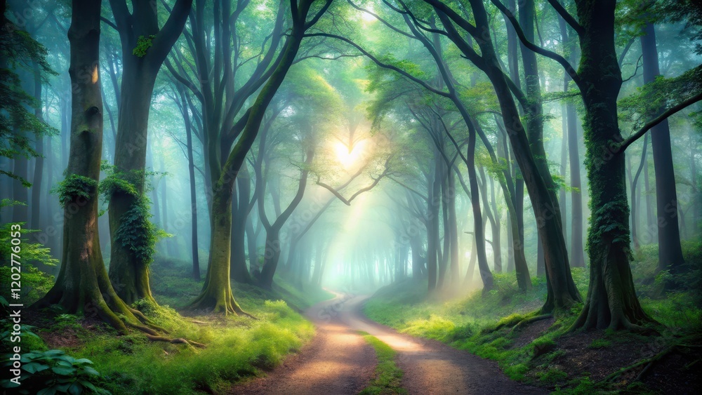 Fototapeta premium Enchanted Forest Path Heart-Shaped Sunbeams Illuminate Misty Woods