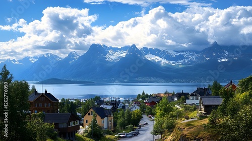 Scenic coastal town nestled beneath majestic snow capped mountains