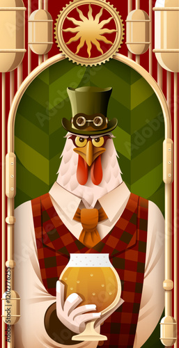 Vector illustration of an roster brewmaster holding a cup of beer.