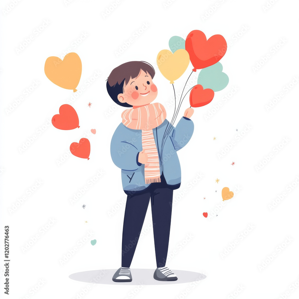 cheerful boy holds colorful heart shaped balloons, expressing joy and love. His cozy outfit and playful demeanor create warm, inviting atmosphere