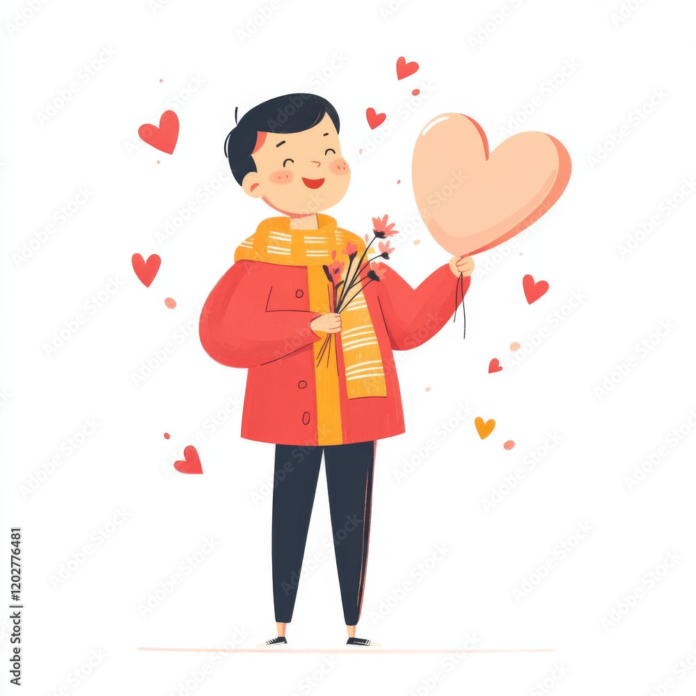 cheerful young man in red jacket holds heart shaped balloon and flowers, surrounded by floating hearts, expressing love and joy cheerful young man in red jacket holds heart shaped balloon and flowers, surrounded by floating hearts, expressing love and joy