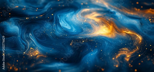 Abstract cosmic swirls, blue gold nebula, galaxy background, design