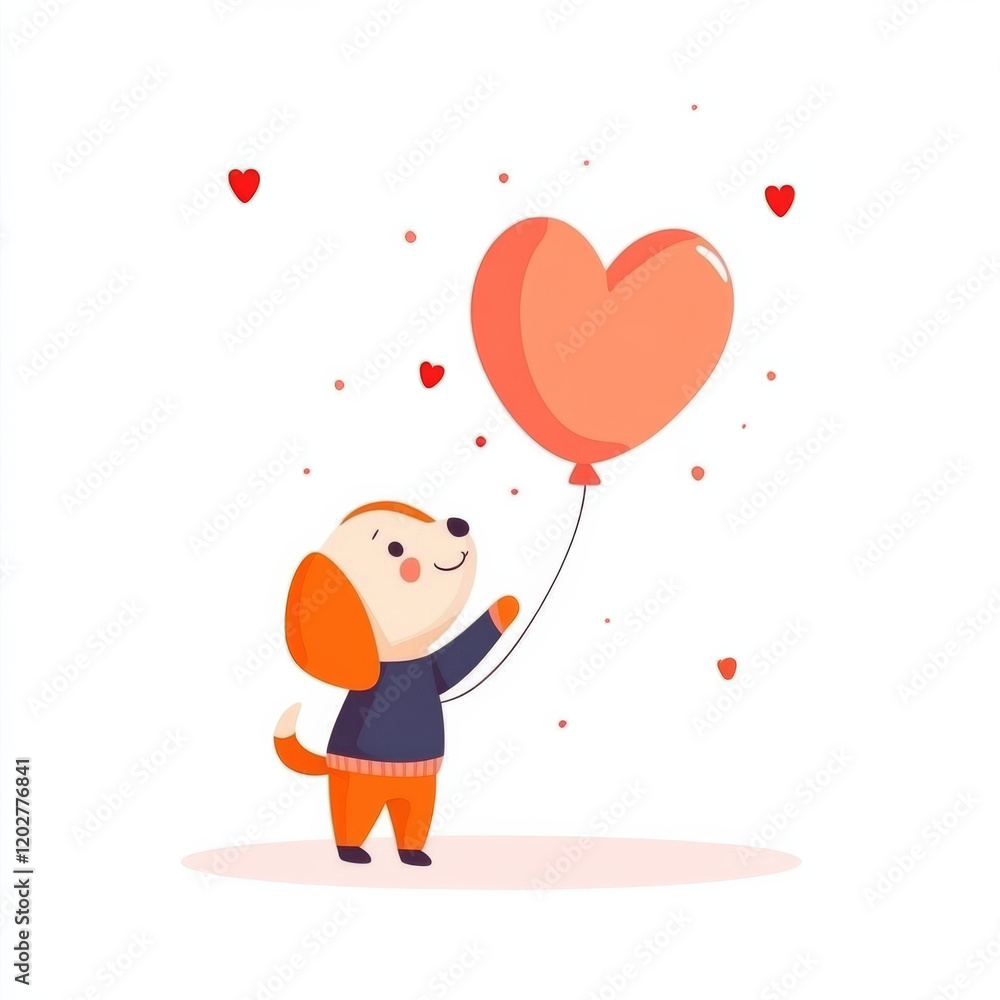 Cute dog holding heart shaped balloon surrounded by hearts, expressing joy and love. Perfect for Valentine Day or cheerful themes