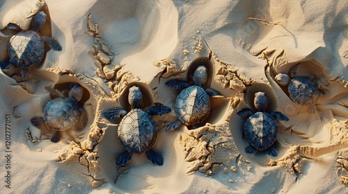 Little turtles emerging from cracked shells in the sand photo