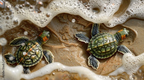 Little turtles emerging from cracked shells in the sand photo