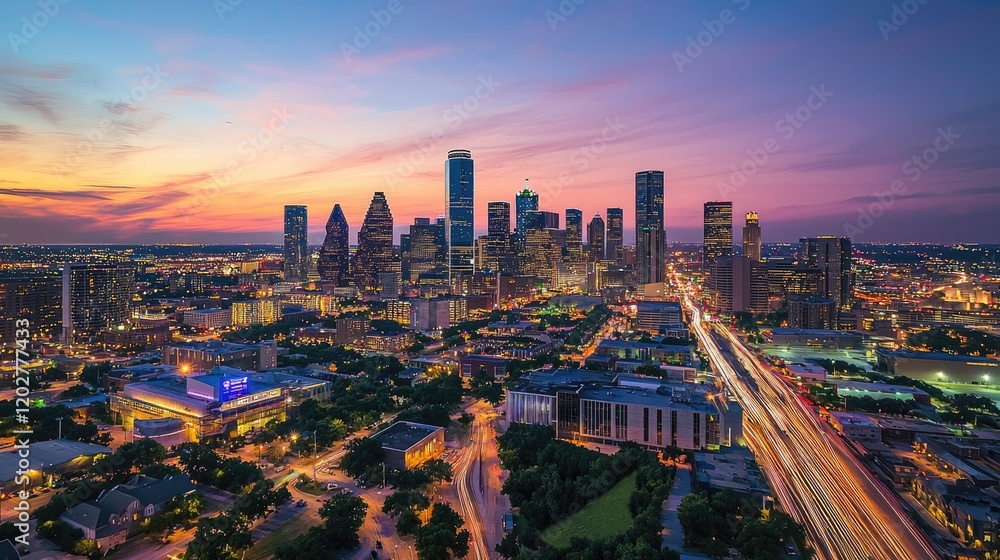 Obraz premium Stunning aerial view of a vibrant urban skyline at twilight featuring digital light trails. This futuristic cityscape showcases technology and innovation in architecture.