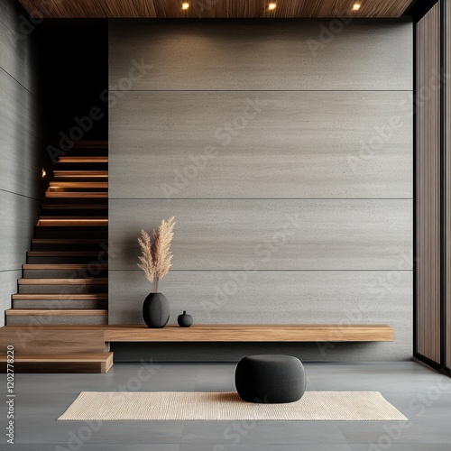 Modern Loft Entrance Hall with Staircase, Rustic Bench, and Concrete Wall
